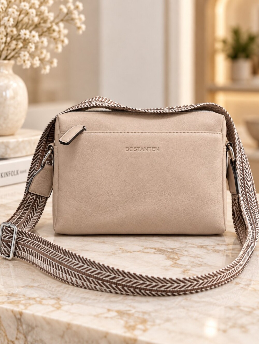 BOSTANTEN Beige Taupe Crossbody Purse Adjustable Woven Strap | Like New